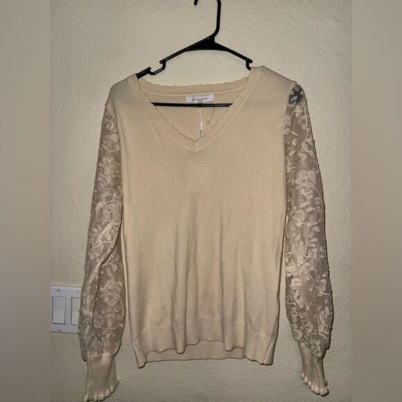 SIANI CRÈME SWEATER LACE, BEADED BALLOON SLEEVES - Size MED- NWT - Picture 10 of 15